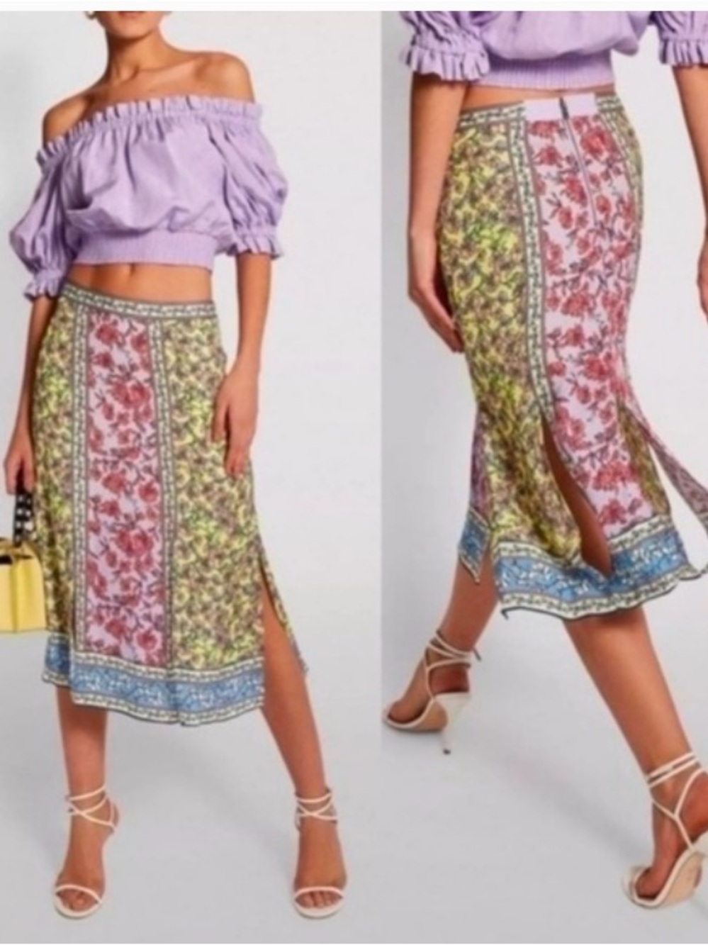 Alice + Olivia  Bendet Athena Lavender, Green and Pink Patchwork Midi Skirt Sz 6